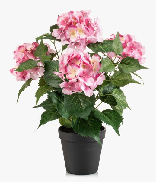 Künstliche Hortensie mit rosa Blüten und grünen Blättern aus Textilmaterial.