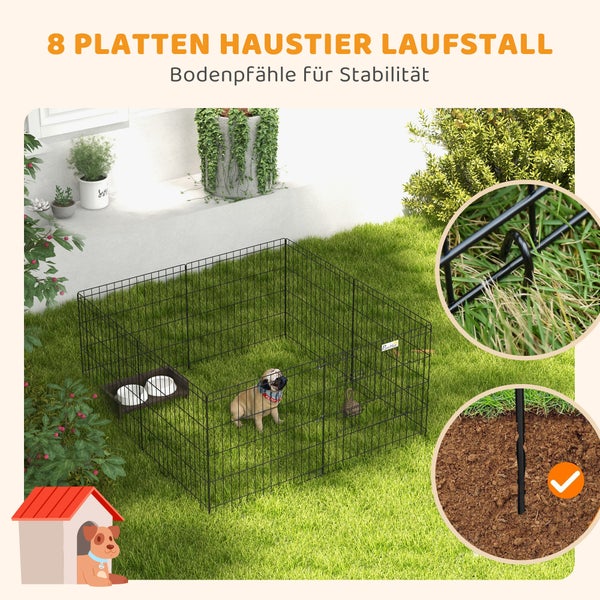 Schwarzer Haustier-Laufstall aus Metall mit 8 Elementen und Bodenpfählen für Stabilität auf einem Rasen mit einem Hund.