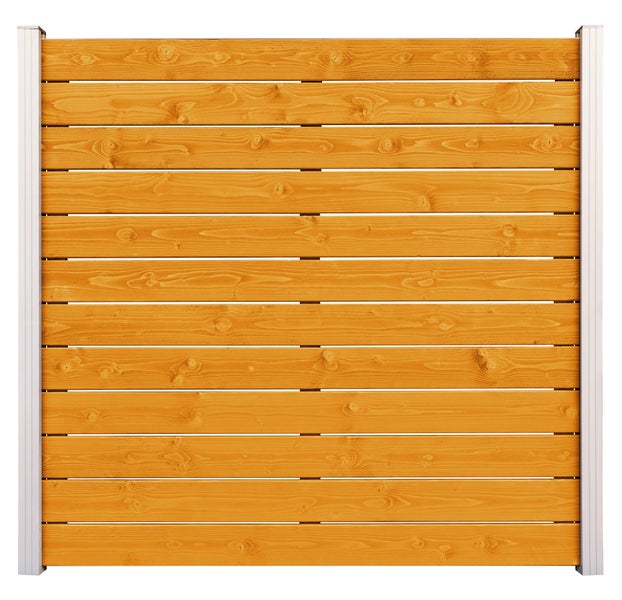 Sichtschutzzaun aus Holz mit Metallelementen