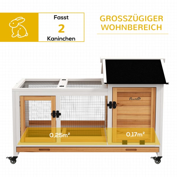 PawHut Zwergkaninchenstall aus Holz, 108 x 58 x 73,5 cm Kleintierstall mit Freilaufgehege, Rädern, Klappdach, Zwergkaninchenkäfig mit Ausziehbarem Tablett für Indoor, Outdoor, Gelb
