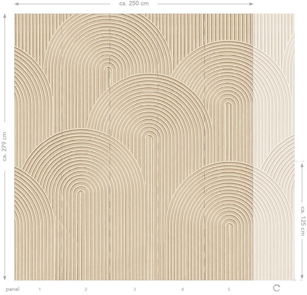 Dekoratives Wandpaneel mit halbrunden Formen, circa 250 cm breit und 279 cm hoch.