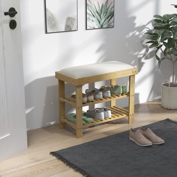 HOMCOM Schuhbank mit Sitzfläche, Bambus Sitzbank mit Stauraum, Schuhregal mit 2 offene Fächer, Sitzbank, Bank, Garderobenbank für Wohnzimmer, Flur, 60 x 29 x 49 cm Cremeweiß