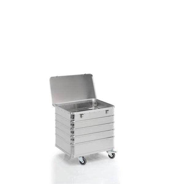 Aluminiumbox mit Rollen und geöffnetem Deckel zur Aufbewahrung und zum Transport