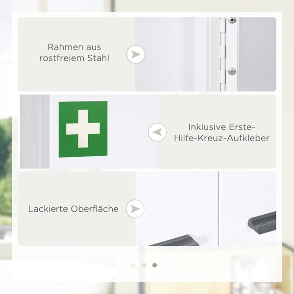 kleankin Medizinschrank, 2-türiger Medikamentenschrank mit 6 Einlegeböden, Apothekerschrank für Wandmontage, Abschließbarer Arzneischrank, Erste Hilfe Schrank, Stahl, Weiß, 55 x 18 x 60 cm