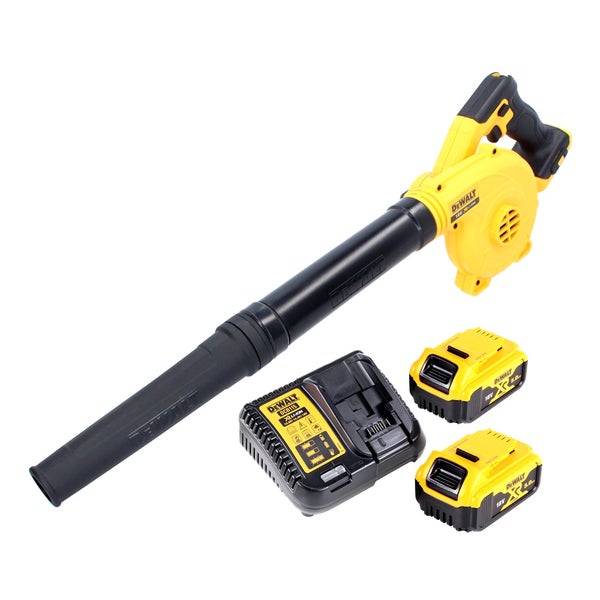 DeWalt Akku-Gebläse Set mit zwei 18 Volt Akkus und Ladegerät in Gelb und Schwarz.