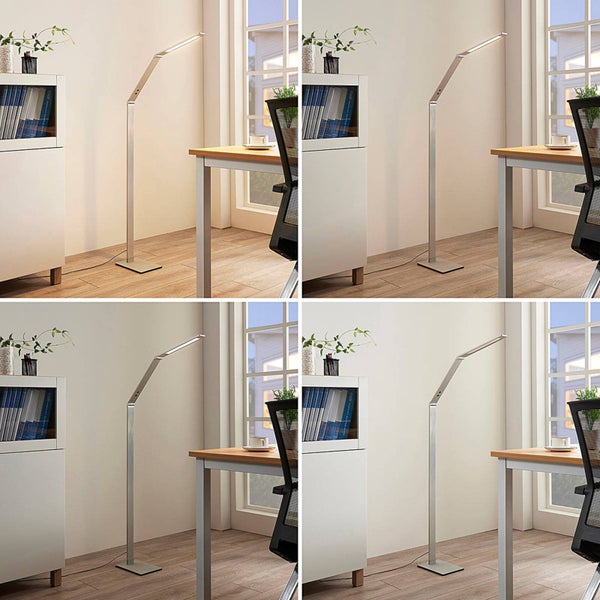 Moderne LED-Stehleuchte aus Metall im Büro, Darstellung von vier verschiedenen Farbtemperaturen von Warmweiß bis Tageslichtweiß.
