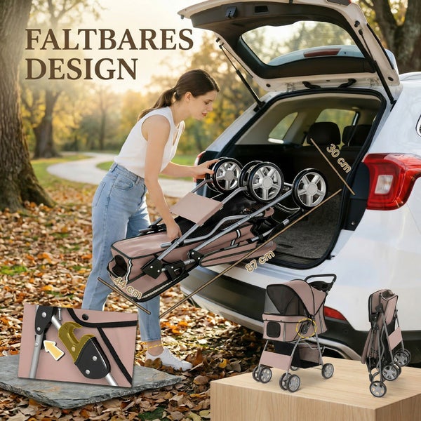 Eine Frau verstaut einen zusammengeklappten Tierbuggy im Kofferraum. Maße gefaltet: 87 mal 44 mal 30 Zentimeter. Text: Faltbares Design.