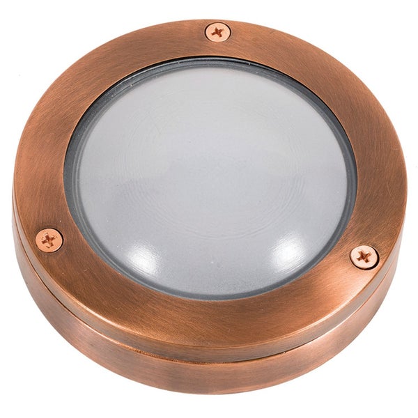 Runde Außenleuchte aus Metall in Kupfer-Optik mit mattiertem Glas.