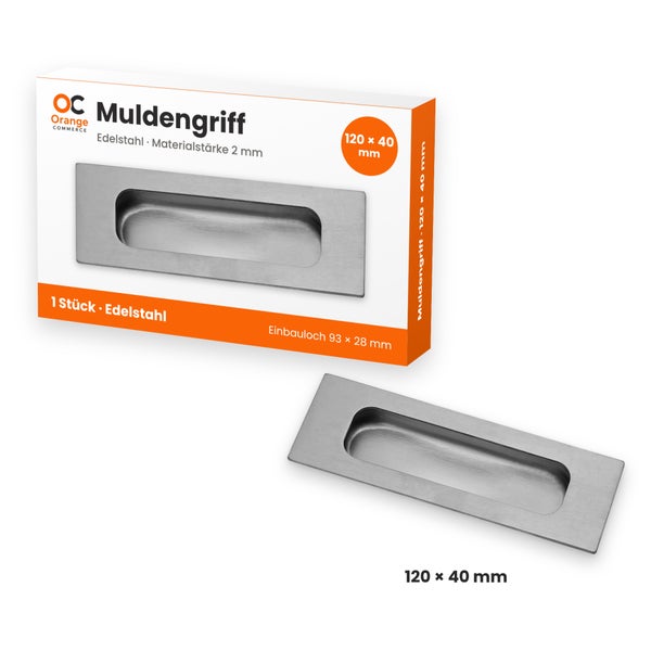 Orange Commerce Muldengriff aus Edelstahl, 120 x 40 Millimeter, in Verpackung.