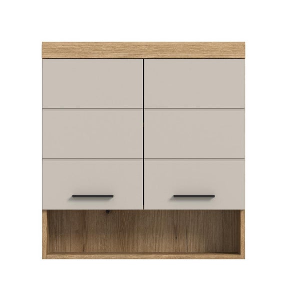 Badezimmer-Hängeschrank mit zwei offenen Türen, einem Einlegeboden und einem offenen Fach unten. Korpus in Holzoptik und hellgraue Fronten.