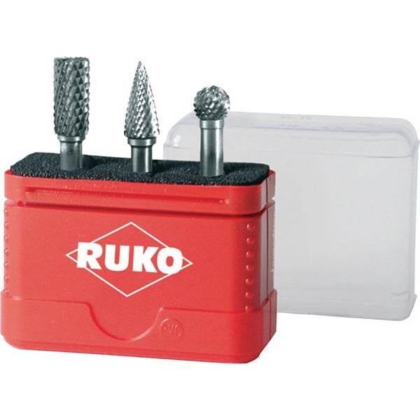 Ruko Hartmetall-Frässtifte-Set mit drei Fräsern in Zylinderform, Spitzbogenform und Kugelform in roter Box mit transparentem Deckel.