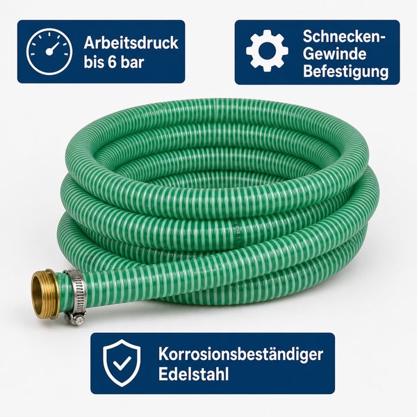 Ein Saugschlauch mit Gewindeanschluss und Schlauchschelle, geeignet für Arbeitsdruck bis 6 bar und aus korrosionsbeständigem Edelstahl gefertigt.