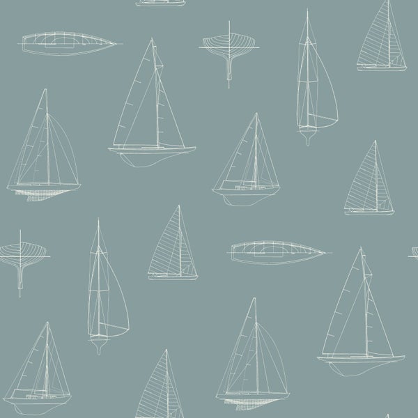 Tapete mit technischen Skizzen von Segelbooten und Schiffsbauplänen in einem nahtlosen Muster.