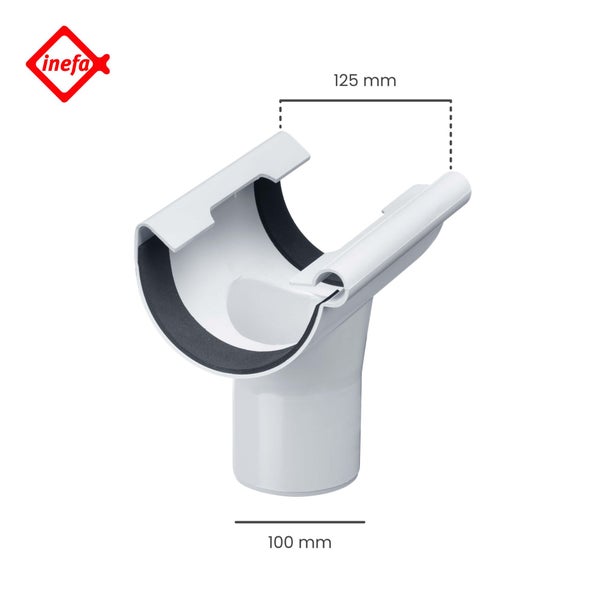 Inefa Logo. Weißer Rinnenstutzen aus Kunststoff für Dachrinnen mit 125 Millimeter Breite und Fallrohre mit 100 Millimeter Durchmesser.