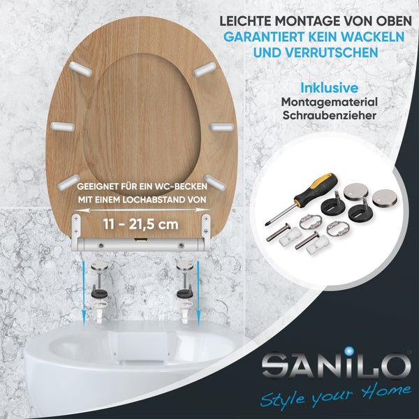 WC-Sitz in Holzoptik mit Montagematerial und Schraubendreher für Lochabstände von 11 bis 21,5 Zentimeter, Montage von oben, Sanilo Logo.