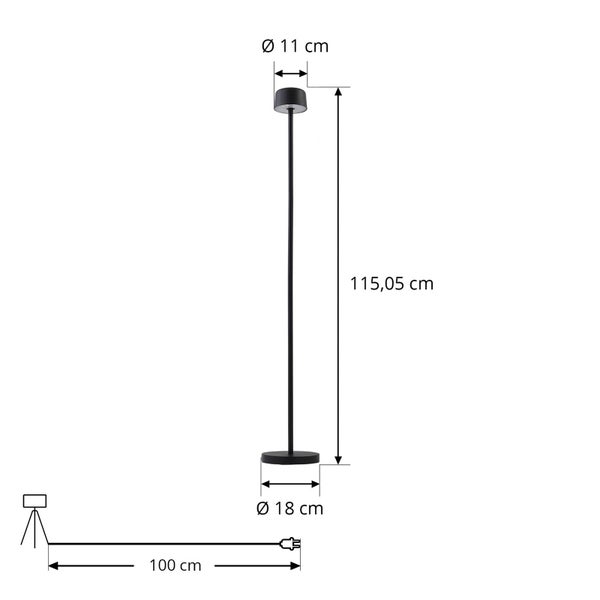 Maße der Stehlampe: Höhe einhundertfünfzehn Komma null fünf, Schirm elf, Fuß achtzehn und Kabellänge einhundert Zentimeter.