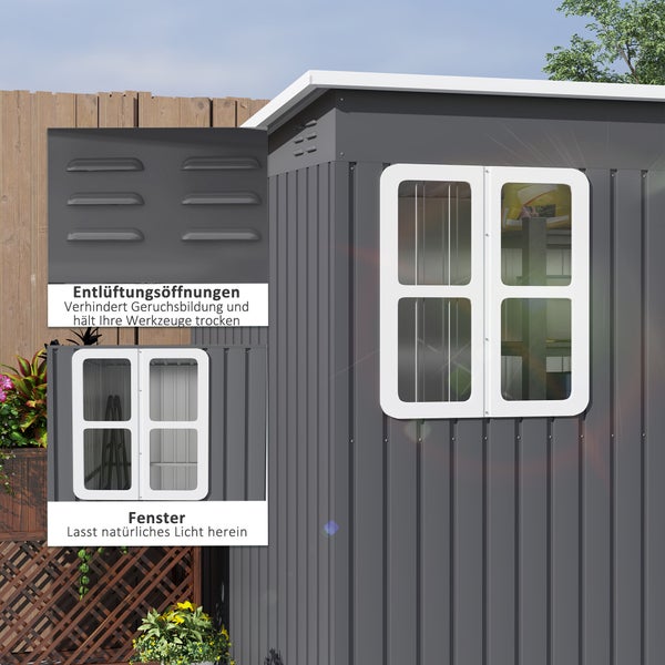 Outsunny Gerätehaus 4,13 m³, Gartenhaus, 260 x 177 x 190 cm, Geräteschuppen mit Fenster, Abschließbar Tür, Fahrradgarage, Gartenschrank aus Stahl, für Hinterhof, Garten, Dunkelgrau
