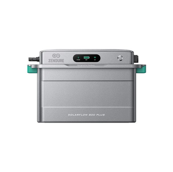 Zendure SolarFlow 800 Plus Speicher für Balkonkraftwerke mit Statusanzeige, seitlichen Griffen und Zendure Logo.