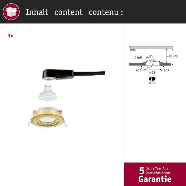 Set aus 3 Einbaustrahlern mit LED, Fassung und goldener Einbaufassung. Ausschnitt 83 Millimeter, 30 Grad schwenkbar, 5 Jahre Garantie.