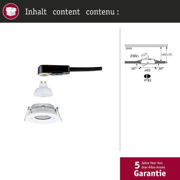 Lieferumfang eines Einbaustrahlers mit GU10 LED, Anschlusskabel und Gehäuse. Inklusive technischer Zeichnung der Einbaumaße und 5 Jahre Garantie.
