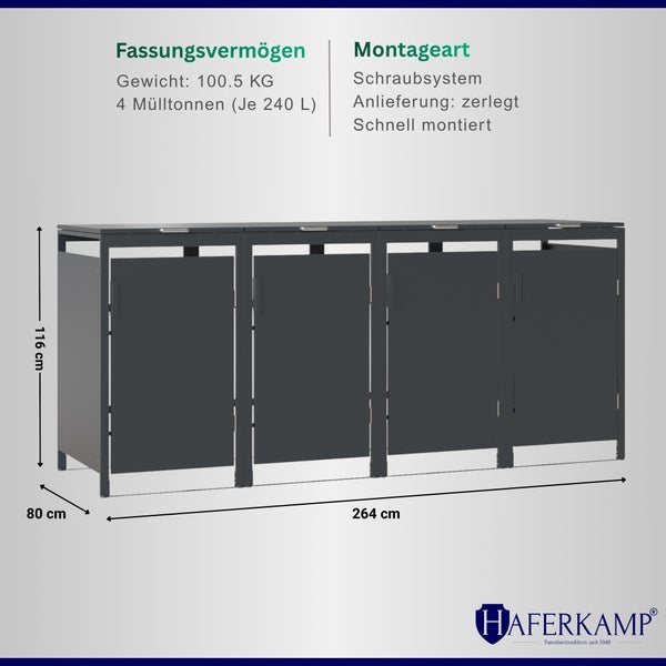 Mülltonnenbox für vier Mülltonnen mit je 240 Litern Volumen, aus Metall, mit Maßen 264 mal 80 mal 116 Zentimeter, Haferkamp Logo.