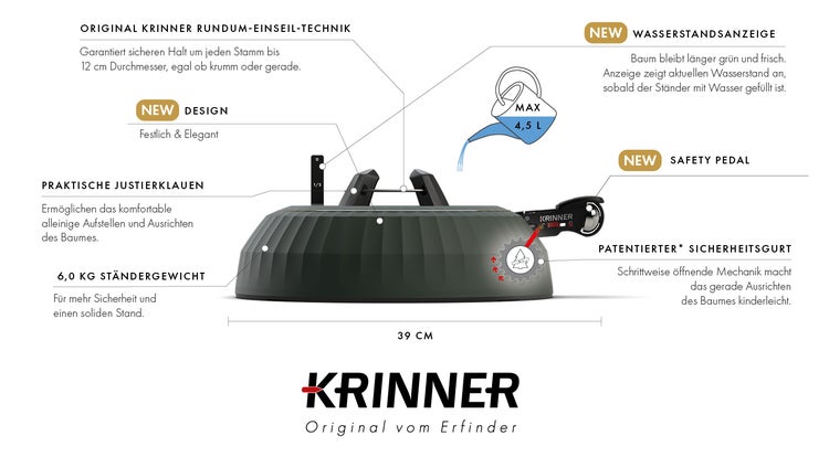 Krinner Christbaumständer mit Sicherheitsgurt, Wasserstandsanzeige und Justierklauen für sicheren Halt von Weihnachtsbäumen bis 12 cm Stammdurchmesser.