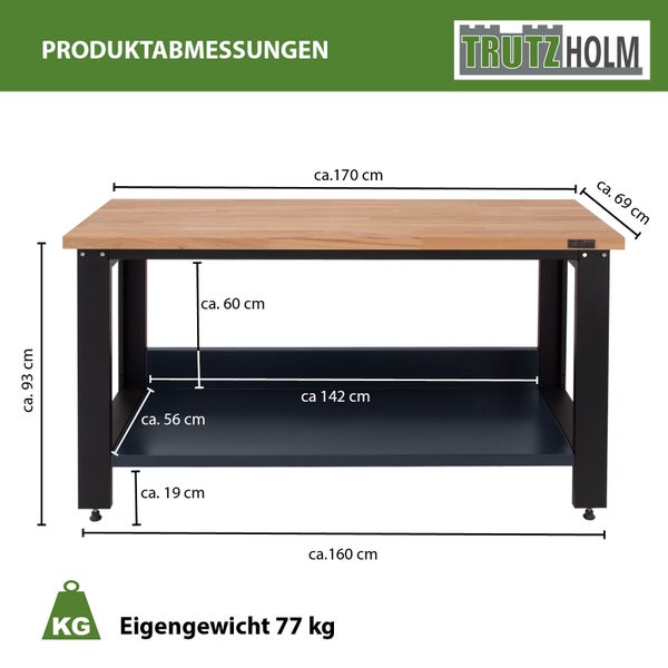 Technische Zeichnung der Trutzholm Werkbank mit Holzplatte und Ablageboden inklusive Bemaßungen und Eigengewicht von 77 Kilogramm.