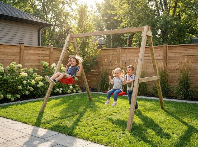 Drei Kinder spielen auf einer Doppelschaukel aus Holz in einem sonnigen Garten mit Rasen, Holzzaun und blühenden Pflanzen.