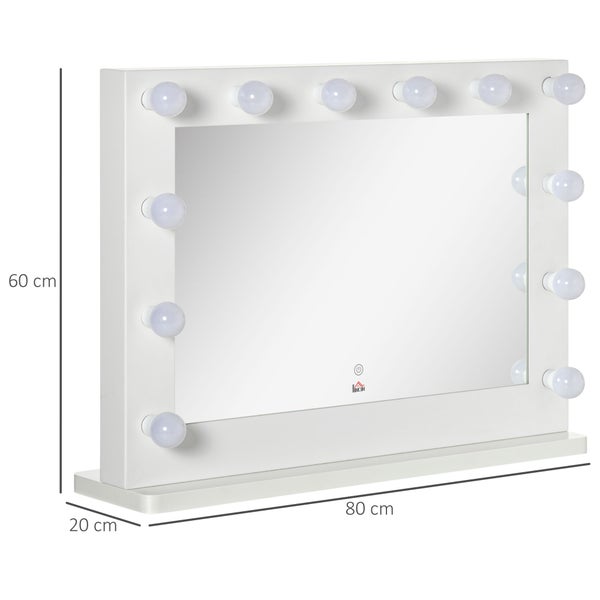 HOMCOM Hollywood Spiegel mit Beleuchtung, Schminkspiegel mit Touchschalter, Kosmetikspiegel mit 12 Dimmbare LED Lampen, 80 x 60 cm Make Up Spiegel mit Memoryfunktion, Weiß