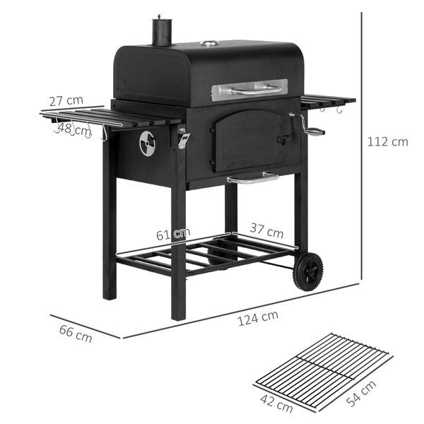Outsunny Holzkohlegrill, BBQ Gartengrill, mit Smoker Warmhalteplatte Regale, 124 x 66 x 112 cm, Metall, Schwarz