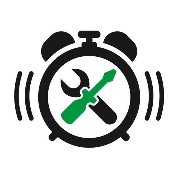 Symbol für einen Reparaturservice mit Wecker, Schraubenschlüssel und Schraubendreher