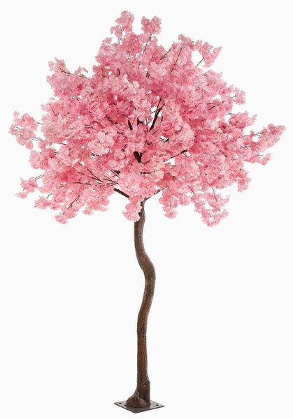 Künstlicher Kirschblütenbaum mit rosa Blüten und geschwungenem braunem Stamm auf einer Metallplatte.