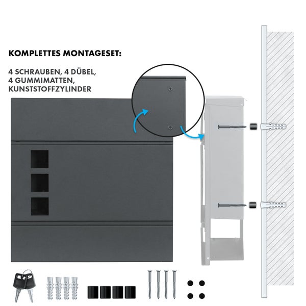 FLOORDIREKT Briefkasten Jules - Stahl Wandbriefkasten mit Zeitungsfach und Sichtfenster Anthrazit