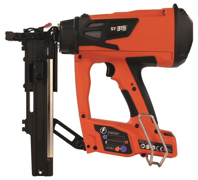 Akku-Klammergerät Spit ST 315i EVO in Orange und Schwarz mit Magazin für Klammern.