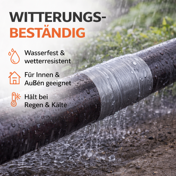 Reparaturklebeband auf einem Rohr im Regen. Wetterfest, wasserfest, für innen und außen geeignet sowie kältebeständig.
