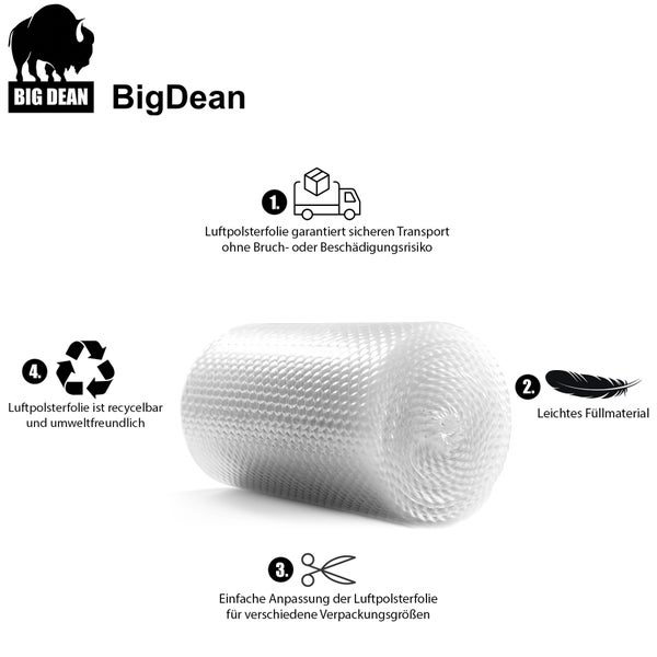 BigDean Logo. Rolle Luftpolsterfolie mit Hinweisen zu sicherem Transport, leichtem Füllmaterial, Anpassung an verschiedene Verpackungsgrößen und Recyclingfähigkeit.