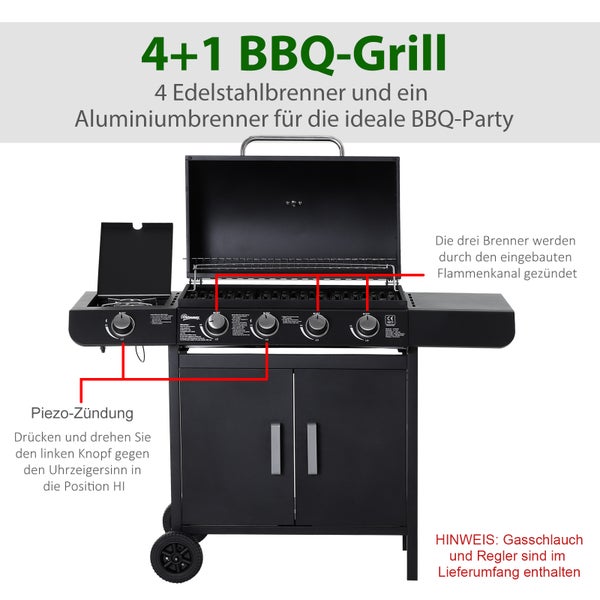 Outsunny Gasgrill, 125 x 51 x 100 cm, Stahl, Kunststoff, Schwarz