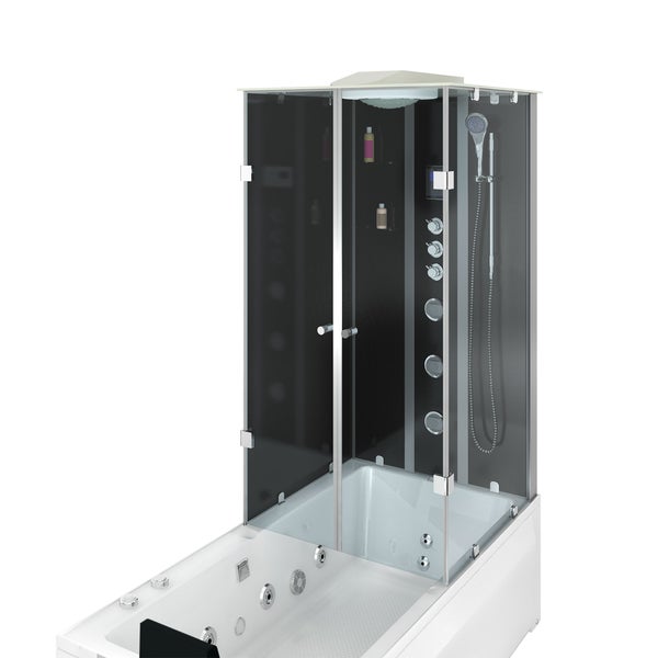 Duschbadewanne-Kombination mit Whirlpool-Funktion, dunklen Glaswänden, Regendusche, Handbrause und integrierten Massagedüsen.