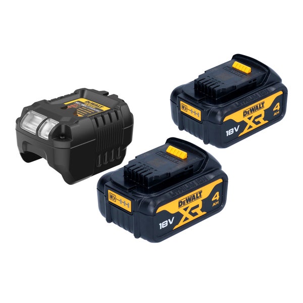 DeWalt Akku-Set bestehend aus zwei 18 Volt Lithium-Ionen Akkus mit 4 Amperestunden Kapazität und einem Ladegerät.