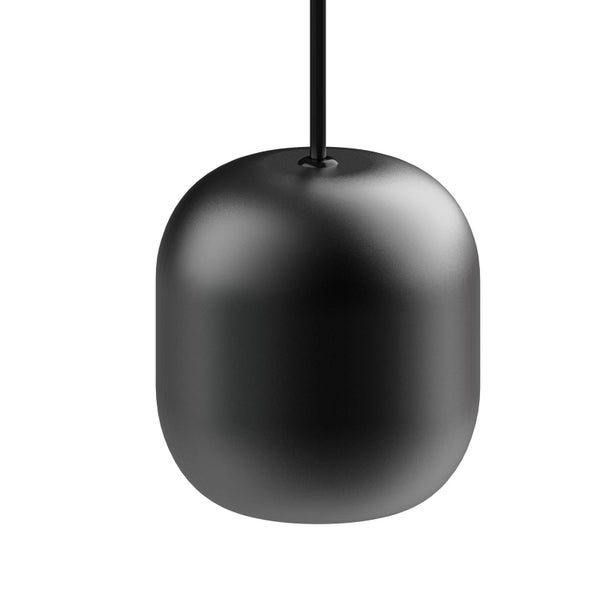 Schwarze matte Pendelleuchte aus Metall in abgerundeter Zylinderform.