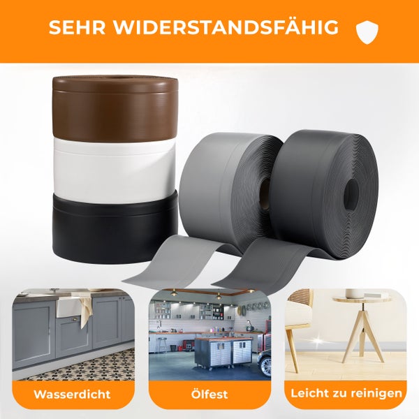 Mehrere Rollen selbstklebende Sockelleisten in verschiedenen Farben für den Einsatz in Küche, Garage und Wohnbereich als wasserfeste Randleiste.