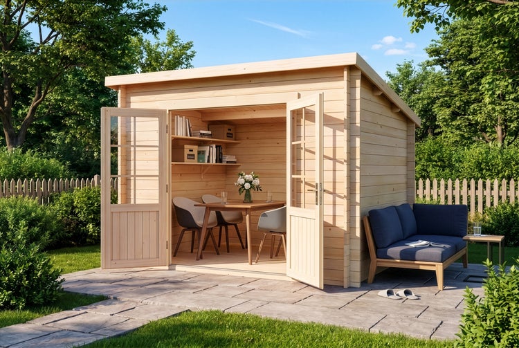Modernes Gartenhaus aus Holz mit Pultdach und Doppeltüren, eingerichtet als Arbeitsbereich auf einer Steinterrasse im Garten.