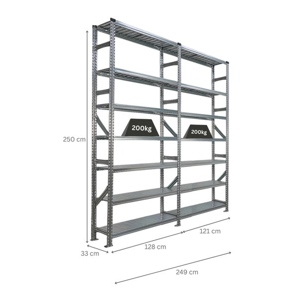 Metallregal mit mehreren Ebenen und einer Traglast von 200 Kilogramm pro Ebene