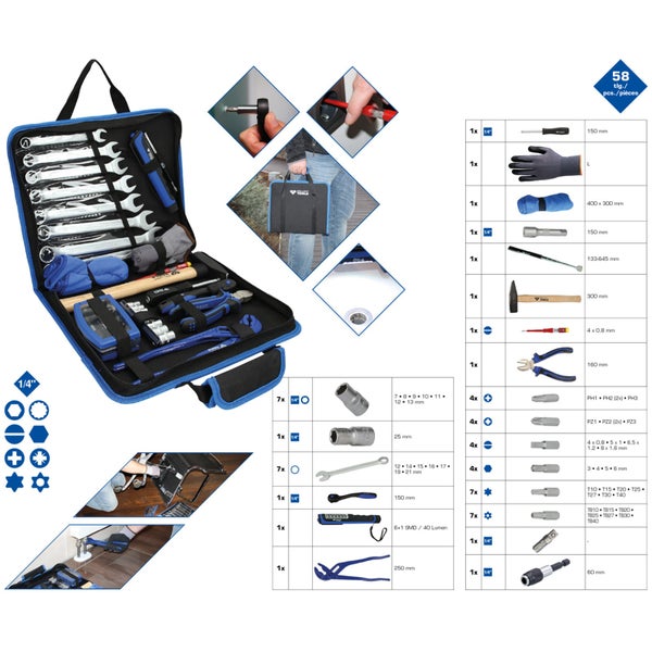 Werkzeugkoffer mit 58 Teilen, inklusive Schraubenschlüssel, Hammer, Zange, Schraubendreher und Bits