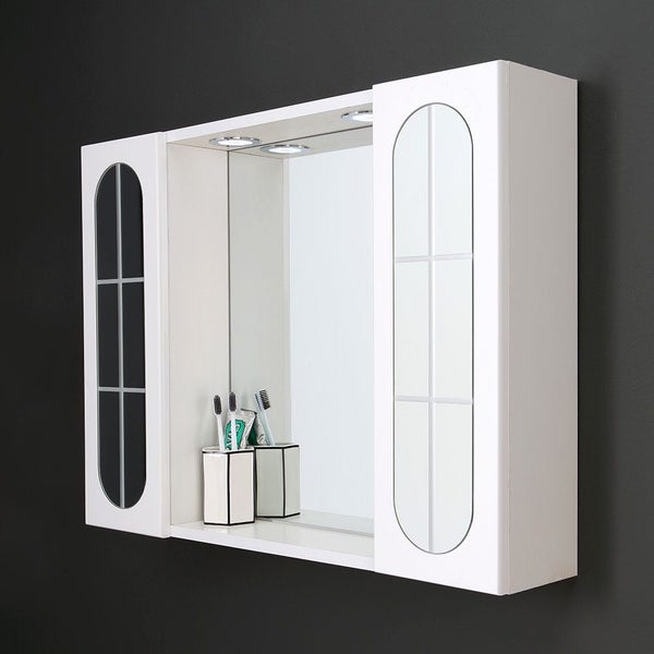Weißer Badezimmer Spiegelschrank mit integrierter Beleuchtung durch drei Spots und zwei Türen mit ovalen Spiegeln im Sprossendesign.
