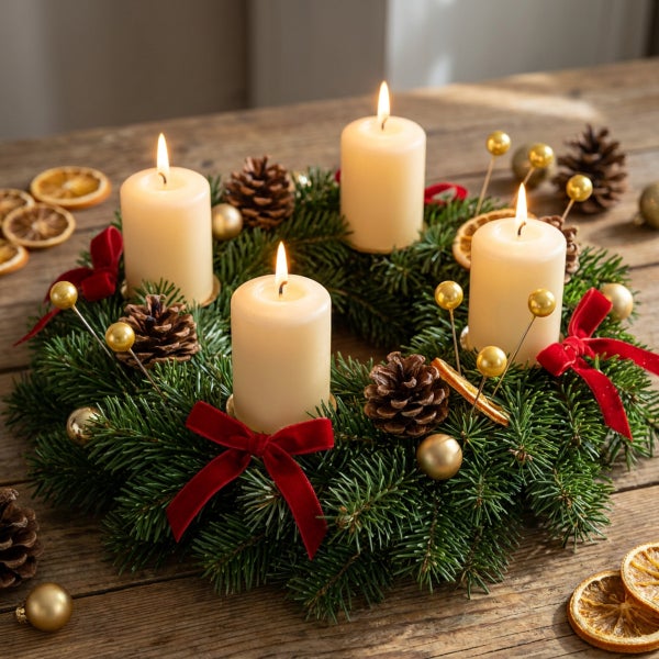 Adventskranz aus Tannenzweigen mit vier brennenden Stumpenkerzen, Zapfen, Kugeln und Schleifen auf einem Holztisch.