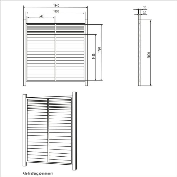 Technische Zeichnung eines Sichtschutzzauns mit Maßangaben