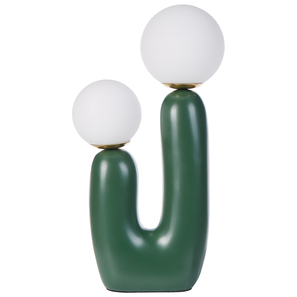 Dekorative Tischleuchte mit zwei Kugelförmigen Lampenschirmen auf einem grünen Sockel