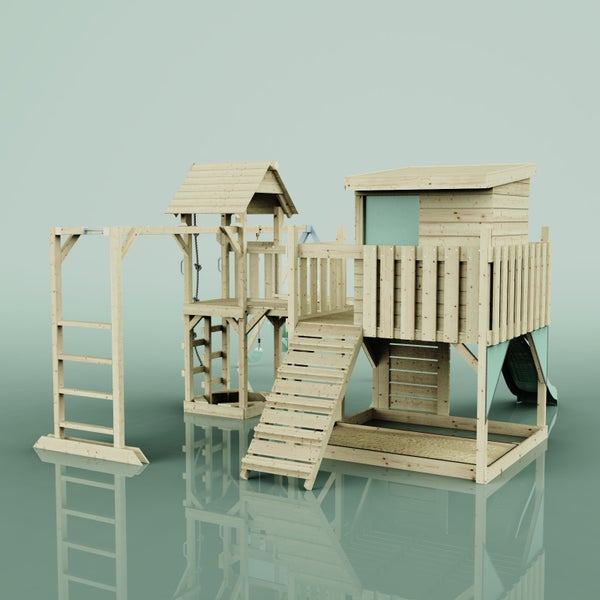 Holzspielturm mit Leiter, Schaukel und Rutsche für den Außenbereich