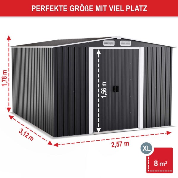 Graues Metall-Gerätehaus mit Satteldach, Maße: 2,57 Meter Breite, 3,12 Meter Tiefe, 1,78 Meter Höhe, Durchgang 1,56 Meter, Fläche 8 Quadratmeter.